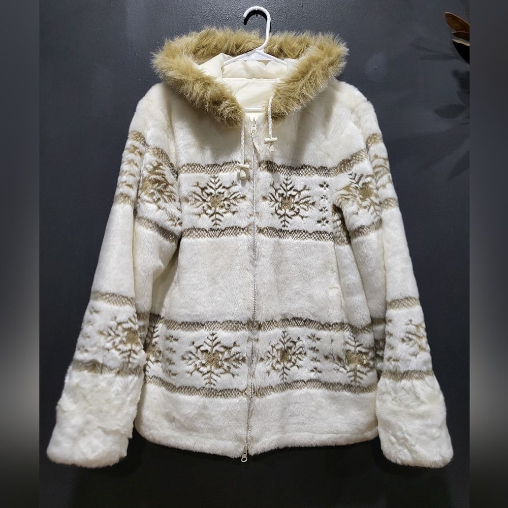 Guide Gear Faux Fur Plush Nuetral Tan White Sz L Hooded Coat